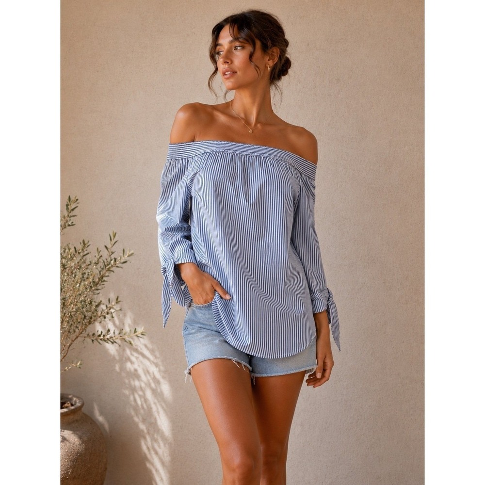 Finley Off Shoulder Blue White‎ Stripe Tunic Top Tie Sleeve XS USA